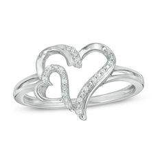 Sparkling with whimsy, this diamond heart ring suits her playful style. Created in sterling silver, this charming choice showcases a sculpted heart outline adorned with a smaller heart outline along one side - each artfully highlighted by shimmering diamonds. Captivating with 1/20 ct. t.w. of diamonds and a brilliant buffed luster, this design is certain to be adored. Custom-made to fit her ring size. Sterling silver rings cannot be resized after purchase. Double Heart Ring, Her Ring, Heart Outline, Black Pearls, Mens Gold Jewelry, Diamond Heart Ring, Sterling Silver Rings Set, Beaded Jewelry Designs, Sterling Silver Engagement Rings