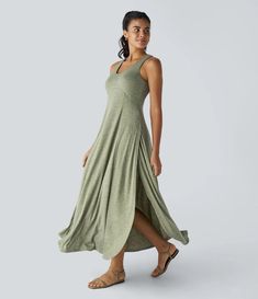 U Neck Backless Split Flowy Maxi Casual Tank Dress Womens Flowy Dresses, Slip Dress Beach, Velvet Party Dress, Flowy Design, Casual Tanks, Elegant Maxi Dress, Flowy Maxi Dress, Full Length Dress, Khaki Dress