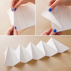 the instructions for how to fold an origami paper boat with blue nail polish