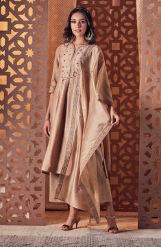 Charkhee-Fawn Chanderi Kurta Set-INDIASPOPUP.COM Organza Kurta, Pleated Neck, Blouse Yoke, Flared Palazzo, Pleated Neckline, Palazzo Set, Luxury Wear, Embroidered Dupatta, Lace Hem