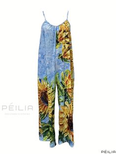 Peilia - Chic Floral Print Ruched Cami Jumpsuit: Sleeveless Wide Leg Womens Jumpsuit for Casual Wear Cami Jumpsuit, Womens Swimwear, Jumpsuits For Women, Bathing Suits, Knit Fabric, Casual Wear, Scoop Neck, Wide Leg, Floral Print