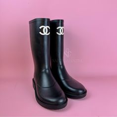 Very Elusive Rainboots In Black! Brand New & Comes Full Set: Box, Dustbags & Booklet. : Size 39, 40 & 41 All Sales Are Final. No Returns Or Exchanges. All Pictures Are Taken By Me With The Actual Product. Feel Free To Message To Order Or For Other Inquiries. #Saintgalentine #Stgalentine #Saintgalentineseattle Luxury Black Mid-calf Boots With Round Toe, Designer Waterproof Boots With Round Toe, Chanel Rain Boots, Winter Rain, Full Set, Rain Boots, Chanel, Brand New, Women Shoes