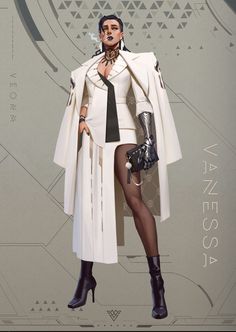 a woman in a white coat and tie with her hands on her hips while wearing high heeled boots