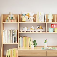 a wooden shelf filled with books and toys