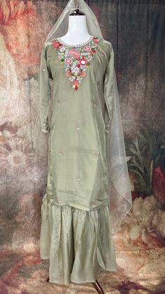 Olive green embroidered kurti with gharah and dupatta Kids Wear Boys, Embroidered Kurti, Traditional Sarees, Signature Collection, Kids Wear, Blouse Designs, Party Wear, Designing Women, Olive Green