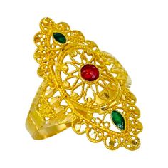 Vintage 22k Gold Wedding Traditional Ring. The ring features enamel colors red and green. Very well designed ring beautiful attention to details. The ring weights 3.1g and is a size 8.75 Antique 22k Gold Wedding Ring, Traditional Gold Ruby Ring As Gift, Traditional Oval Filigree Wedding Ring, Traditional Yellow Gold Ruby Ring For Anniversary, Traditional Yellow Gold Ruby Ring For Wedding, Traditional Yellow Gold Ruby Wedding Ring, Antique 22k Gold Rings For Ceremonial Occasions, 22k Gold Antique Rings For Ceremonial Occasions, Antique 22k Gold Ceremonial Rings