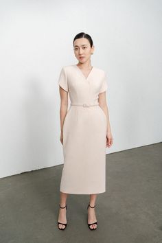 Melody Pegged V-Neck Twill Midi Dress | MEAN BLVD V-neck Belted Midi Dress For Office, Classic V-neck Midi Dress For Summer, Belted V-neck Midi Dress, Sheath V-neck Dress For Summer Workwear, Modern V-neck Dress For Work, Elegant V-neck Maxi Dress For Office, Elegant V-neck Midi Dress For Daywear, Chic Knee-length V-neck Dress For Office, Chic Knee-length V-neck Office Dress