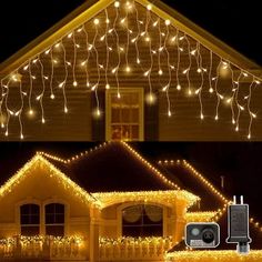 a house with christmas lights on it and a camera attached to the front of the house