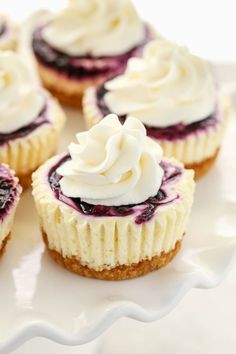 small cupcakes with white frosting and blueberries on a white platter