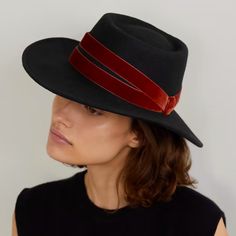 Gigi Burris Millinery Black Wool Felt Fedora With Rust Velvet Trim -Designs By The Female-Owned Brand Are Both Thoughtfully And Locally Made In New York. -Classic Fedora Silhouette -100% Wool-Felt Hat -Trimmed With A Doubled-Layered Crushed Velvet Ribbon -Brand New, Never Worn, Tags Still Attached, No Wear/Damage -Brim Depth: 7.5cm / 3in -Circumference: 60cm / 23.6in Rodeo King Hats, Straw Cloche Hat, King Hat, H&m Fashion, Geometric Knit, Camo And Pink, Inspiring Photos, Head Wear, Felt Fedora