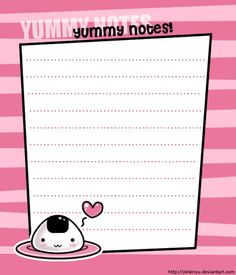 a pink notepad with a cartoon character holding a heart on it and the words yummy notes