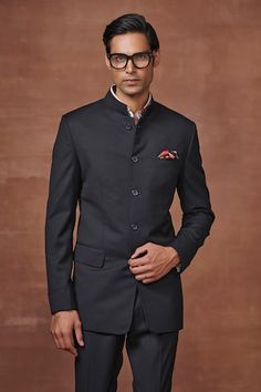 Black full sleeve bandhgala crafted in wool material. Paired with a straight pant. - Aza Fashions Classic Long Sleeve Traditional Formal Wear, Classic Bandhgala For Festive Workwear, Classic Bandhgala For Workwear And Festive Occasions, Classic Festive Bandhgala For Workwear, Designer Nehru Jacket For Festive Workwear, Classic Bandhgala With Stand Collar For Festive Occasions, Classic Black Formal Kurta, Traditional Kurta For Workwear, Classic Fitted Traditional Wear For Ceremonies