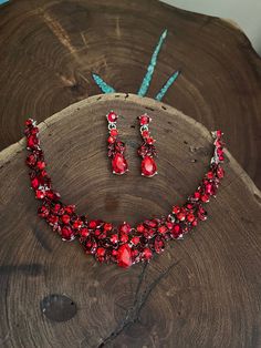 Red Rhinestone Necklace For Party, Glamorous Red Crystal Necklaces, Red Rhinestone Party Necklaces, Red Rhinestone Party Jewelry, Red Ruby Jewelry Sets For Party, Red Crystal Party Necklace, Red Crystal Jewelry Sets For Valentine's Day, Red Crystal Bridal Necklace For Party, Red Rhinestone Wedding Jewelry