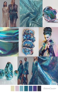 blue and green color palettes with images of women in dresses, clothing and accessories