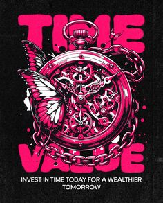 a pink and black poster with an image of a pocket watch