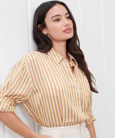 Boyfriend Shirt Mustard Stripe The search for the perfect shirt is over. Introducing our line of timeless, essential shirting—made for your daily uniform. Now made in a breezy silk blend that you'll never want to take off. 82% viscose, 18% silk. Made in China. Oversized boyfriend silhouette with chest pocket, and high-low hem with gussets. | Jenni Kayne Women's Boyfriend Shirt Size Large Daily Uniform, Fast Fashion Brands, Jenni Kayne, Boyfriend Shirt, Cute Fox, High Low Hem, Shirt Sale, Perfect Shirt, Fast Fashion