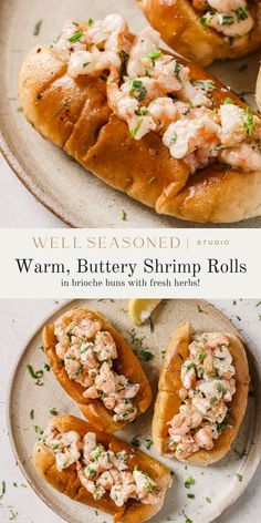 two plates with different types of food on them and the words warm, buttery shrimp rolls