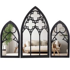 three arched windows with plants and furniture in the middle one has a couch, table, and potted plant