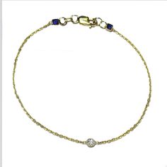 I've been adding a personal touch to the clasps of my pieces and I recently designed this bracelet for a client... Composed of a .07 carat solitaire diamond, GSI or above and two .07 carat sapphires, set in 14k gold bezels and cable chain with lobster clasp closure. I love adding an unexpected element while maintaining the simplicity of a piece and you will be seeing more of this in my designs to come! Available in 14k white, yellow and rose gold. Size 6 - 7 inches or specify a custom size in yo Classic 14k Gold Diamond Bracelet With Vvs Clarity, 14k Yellow Gold Diamond Bracelet With Single Diamond, Luxury Yellow Gold Diamond Bracelet With Single Diamond, Diamond White Chain Bracelet With Diamond Accents, Fine Jewelry Diamond Accents Chain Bracelet In Diamond White, Diamond Anniversary Chain Bracelet, Elegant Diamond Gold Bracelet With Bezel Setting, Diamond Chain Bracelet For Anniversary, Anniversary Diamond Chain Bracelet