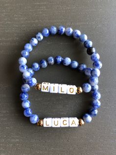 Cheap Blue Name Bracelet With Colorful Beads, Custom Name Blue Bracelets With Round Beads, Adjustable Blue Jewelry With Custom Name, Spiritual Blue Stretch Bracelet With Letter Beads, Blue Jewelry With Custom Name, Casual Blue Name Bracelet For Everyday, Blue Sodalite Bracelets For Gift, Everyday Blue Bracelets With Custom Name, Personalized Blue Spiritual Bracelets