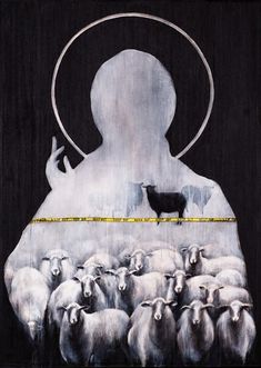 a painting of a man surrounded by sheep with a measuring tape around his waist and an image of a goat in the background