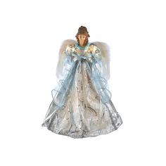 an angel figurine with blue and white ribbons on it's wings, holding two candles