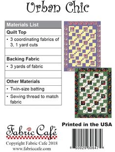 the pattern for an urban chic quilt is shown in three different colors and sizes