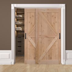 an open wooden door in a brown room