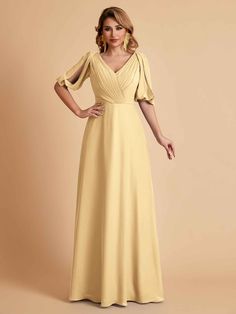 Material: Chiffon, pongee Silhouette: A-line Neckline: V-neck Length: Floor-length Embellishment: Pleats Straps: Strapless Sleeve: Half Sleeves Back Style: Zipper Fully Lined: Yes Built-In Bra: No Boning: No Size: General, Plus, Junior Model's Dress Size: US2 - Bust 33'', Waist 26.5'', Hip 36.5'', Height 69'' with shoes. Please keep difference less than 1''. It's usually better to do Custom size if the sizes differ too much. Please note that the pleats and ruched parts will become out of shape I Fitted Pleated A-line Chiffon Dress, Pleated Chiffon A-line Maxi Dress, Yellow Chiffon A-line Dress, Chiffon Maxi Dress With Pleated Bodice And V-neck, Chiffon V-neck Pleated Maxi Dress, Brides Dresses, Chiffon Shorts, Out Of Shape, Make Color