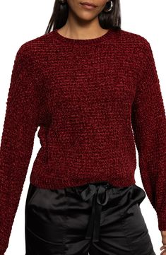 Fall for the slouchy fit of this season-staple sweater knit from buttery-soft chenille. 22" length (size Medium) Crewneck Long sleeves 100% polyester Machine wash, dry flat Imported Chenille Sweater, Fabric Gift Bags, Under The Stars, Fabric Gifts, Free Fabric, Sweater Knit, Sweater Top, Garnet, Knitted Sweaters