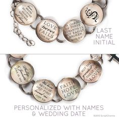 "Our personalized Love & Marriage charm bracelet is such a meaningful gift -- for a new bride, wedding anniversary, or just because. Makes a great bridal shower gift! This beautiful silver colored metal and glass charm bracelet is personalized with a beautiful initial, his and her names and wedding date, along with Bible verses on love and marriage -- on eight glass charms: 1 Corinthians 13:7-8 Love... bears, believes, hopes, endures all things. Love never fails. Ecclesiastes 4:12 A cord of Personalized Jewelry Bracelet For Anniversary, Customizable Inspirational Silver Jewelry, Inspirational Customizable Silver Jewelry, Customizable Inspirational Bracelet Jewelry, Inspirational Personalized Gift Bracelet, Inspirational Personalized Bracelet Jewelry, Personalized Bracelets For Anniversary, Silver Engraved Bracelets For Wedding, Silver Charm Bracelet For Wedding