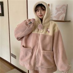 Japanese Faux Lamb Fleece Winter Thick Warm Coats Women Chic Oversize Korean Sweet Bf Hoodies Loose Preppy Style Outwear Kawaii Jacket, Coat Korean Style, Winter Coat Fashion, Women's Winter Coat, Coat Korean, Winter Fashion Coats, Estilo Preppy, Womens Cashmere, Embroidered Clothes