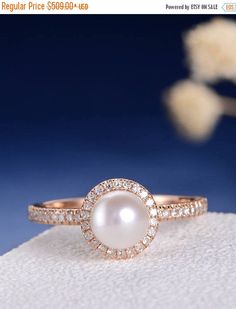 White Pearl Engagement Ring Diamond Halo Rose Gold Ring Criss Cross Ring, Pearl Engagement Ring, Engagement Ring Diamond, Pearl And Diamond Ring, Custom Wedding Rings, Ring Birthstone, Half Eternity Ring, Bridal Gift, Natural Pearl