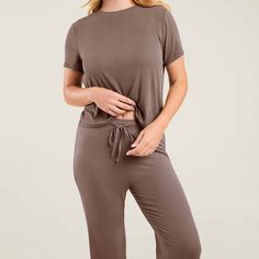 Ribbed Pajama Set | Mocha - nuuds Versatile Seamless Tops For Loungewear, Basic Stretch Cropped T-shirt For Loungewear, Basic Cropped T-shirt For Loungewear, Casual Seamless Tops For Lounging, Fitted Crew Neck Top For Lounging, Athleisure Tops With Minimal Stretch For Loungewear, Relaxed Crop Top For Loungewear, Seamless Tops With Minimal Stretch For Loungewear, Comfortable Fitted Ribbed Tops