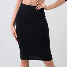 Available In: Black Pencil Skirt Knee Length Mid Rise 60% Cotton 35% Rayon 5% Spandex Solid Color Stretch Pencil Skirt For Night Out, Solid Stretch Pencil Skirt For Night Out, Chic Black Elastane Pencil Skirt, Black Bodycon Knee-length Bottoms, Chic Stretch Black Pencil Skirt, Black High Waist Bodycon Bottoms, Black Stretch Pencil Skirt For Spring, Black Fitted High Waist Pencil Skirt, Black Bodycon High-waisted Bottoms