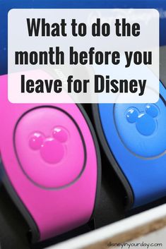 two mickey mouse speakers with the words what to do the month before you leave for disney