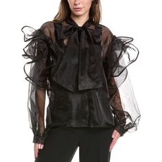 About The Brand: Empowering Women Through Fashion. Blouse In Black With Sheer Organza Construction, Self-Tie Neckline, Ruffle Detailing And Button Cuffs Approximately 26in From Shoulder To Hem Model Is 5'9 And Is Wearing A Size Small/Medium. Measurements May Vary Slightly By Size. Center Back Zipper Closure 100% Polyester Machine Wash Imported Feminine Party Blouse With Bow, Chic Blouse With Sheer Sleeves For Office, Chic Sheer Blouse For Formal Occasions, Feminine Evening Tops With Bow Detail, Feminine Evening Tops With Bow, Sheer Black Silk Blouse, Black Sheer Silk Blouse, Black Silk Blouse With Sheer Sleeves, Chic Sheer Tops For Formal Occasions