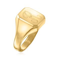 Ross-Simons - Single-Initial - 14kt Yellow Gold Signet Ring Size 9. Make a classic style statement with this squared signet ring. FREE engraving of a single initial in your choice of block or script type. Crafted in polished 14kt yellow gold. 1/2" wide. 14kt yellow gold personalized signet ring. Classic Rectangular Signet Ring Stamped 14k, Classic Formal Signet Ring With Initials, Classic Everyday Initial Ring, Classic Signet Ring With Initials, Classic Yellow Gold Signet Ring With Initials, Classic Square Cut Signet Ring For Anniversary, Classic Square Signet Ring For Formal Occasions, Square Classic Signet Ring For Formal Occasions, Classic Rectangular Signet Ring For Formal Occasions