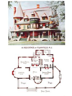 the floor plan for this victorian home is shown in red and white, with two story houses