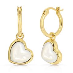 Fall in love with our Oh My Heart Huggies, featuring dangling gemstone heart charms. Perfect for the modern romantic, these charming earrings are a must-have for every jewelry collection. 14k gold plated brass Genuine 10mm Mother of Pearl heart Huggies are 12mm with latch closure Questions about Shipping & Returns? Affordable Gold Heart Earrings For Mother's Day, Elegant Heart Charm Huggie Earrings, Gold Plated Double Heart Charm Earrings, Heart-shaped Yellow Gold Jewelry With Dangling Charms, Yellow Gold Heart-shaped Jewelry With Dangling Charms, Huggie Heart Charm Jewelry For Wedding, Elegant Huggie Jewelry For Valentine's Day, Elegant Hoop Earrings With Heart Charm, Elegant Double Heart Hoop Earrings With Charm