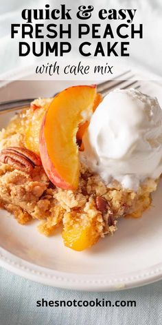 a close up of a plate of food with ice cream and peaches on it