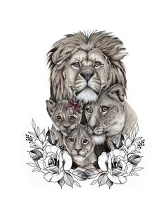 a drawing of a lion surrounded by cubs