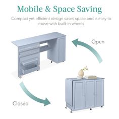 the mobile and space saving desk is shown with an open shelf, closed cabinet and closed drawer