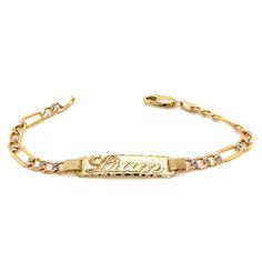 Cherish the Moment with our 14k Yellow Gold Kids and Baby ID Bracelet: Crafted in the timeless Solid Wide Figaro Pavé Links, this bracelet is a symbol of Elegance and Love. We believe in the power of personalization. Your child's name is expertly cut from solid 14k Gold and elegantly overlaid on the bracelet, creating a one-of-a-kind accessory. Additionally, you have the option to engrave a significant date on the back of the nameplate, transforming this bracelet into a cherished keepsake.  Whether it's a birth, a baptism, or simply an expression of love, this 14k Gold Kids ID Bracelet is a heartfelt and timeless gift that symbolizes the beauty of childhood and the joy of growing up. Order this beautiful bracelet today and look forward to receiving it within 4 business days within the Unit 14k White Gold Diamond-cut Bracelets, 14k White Gold Diamond Cut Bracelets, White Gold 14k Diamond-cut Bracelets, White Gold 14k Diamond Cut Bracelets, Adjustable 14k Gold Hallmarked Bracelet, Classic 14k Stamped Bracelet Jewelry, Adjustable 14k Gold Bracelet Hallmarked, Heirloom 14k Stamped Gold Bracelet, Heirloom 14k Stamped Bracelet