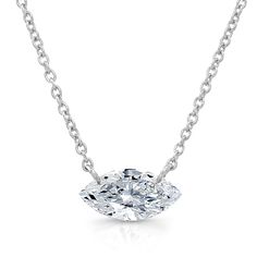 This east to west marquise diamond necklace is the simple elegant piece you have been looking for! This beauty is from the Bare Diamonds collection and is made from stunning 14k white gold. At the bottom of the chain is the brilliant 1/3ct east to west marquise diamond. It has laser-drilled holes through the diamond so the chain can be attached directly to the diamond. The way the diamond and the chain are attached puts the focus on the beautiful marquise diamond. This necklace is perfect for ev Luxury Marquise Diamond Necklace With Single Diamond, Marquise Diamond White Necklace With Prong Setting, Classic Marquise Cut Diamond White Necklace, Luxury Marquise Single Diamond Necklace, White Marquise Brilliant Cut Diamond Necklace, Marquise Diamond Necklace, Diamonds Collection, Buy Jewellery Online, Diamond Solitaire Necklace