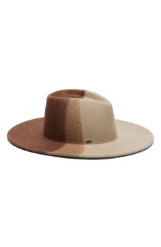 The classic felted-wool fedora outfitted with a 14-karat-gold logo plate gets a fashion-forward update in this colorblock edition dipped in chocolatey and creamy hues. 100% wool Sport clean Imported Beige Felt Hat With Flat Brim For Fall, Brown Short Brim Fur Felt Hat, Luxury Brown Hat With Curved Brim, Beige Fedora With Flat Brim For Fall, Beige Flat Brim Fedora For Fall, Fall Brown Felt Fedora, Luxury Brown Fedora With Flat Brim, Beige Curved Brim Felt Hat For Fall, Luxury Brown Brimmed Hat