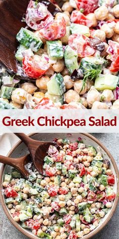 greek chickpea salad in a bowl with a wooden spoon