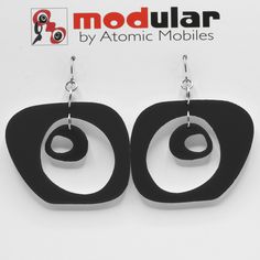 "Modern art earrings inspired by mid century modern retro design and my hanging art mobiles. Wearable art! Custom handmade by me in my studio in Los Angeles. No-worry, no-pain hypo-allergenic titanium ear wire, stainless steel rings, and adorably mod acrylic dangle shapes. Show your mid century modern style with these modern earrings! Arrives in lovely gift box with ribbon and includes free 2020 Atomic Mobiles Art Catalog. CHOOSE FROM 2 SIZES: Medium: 2 1/2\"h x 1 7/8\" w Small: 1 3/4\"h x 1 1/2 Mobiles Art, Modern Retro Design, Kinetic Art Sculpture, Mod Earrings, Gift Box With Ribbon, Laser Engraved Ideas, Acrylic Shapes, Art Earrings, Acrylic Jewellery