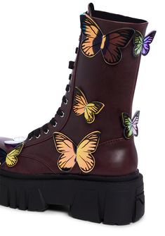 Current Mood 3D Iridescent Butterfly Combat Boots - Purple 3d Iridescent, Butterfly Boots, Iridescent Butterfly, Current Mood Clothing, Purple Goth, Prom Ideas, 3d Butterflies, Purple Guy, Free Socks