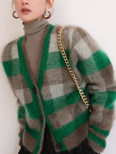 Affordable price buy Cardigans on Stylewe, SPU: 110CAAIDAC7, Color: Green Coffee, Clothes Length:Mid-long, Silhouette:H-Line. Urban Sweater, Types Of Coats, Turtleneck T Shirt, Winter Plaid, Long Sleeve Coat, Long Sleeves Coats, Vintage Winter, Sweater Coat